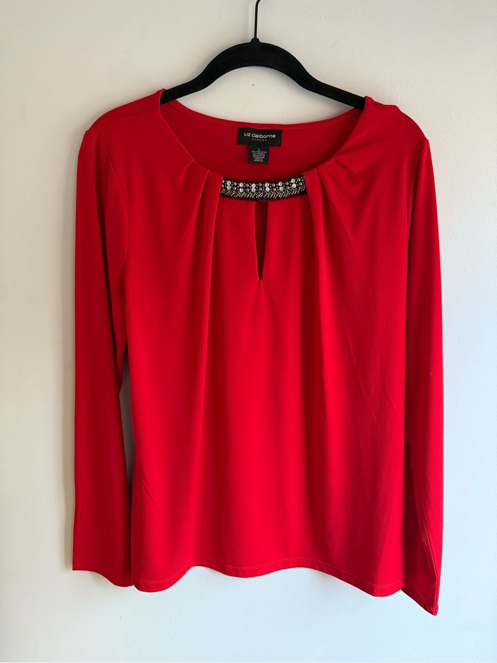 Liz Claiborne Red Long-Sleeve Jewel-Trim Keyhole Top